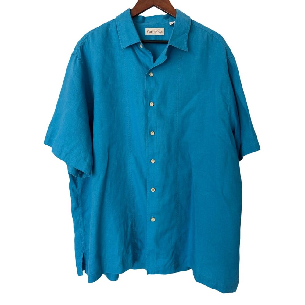 Caribbean 100% Linen Blue‎ Short Sleeve Button Front Shirt Size XL READ